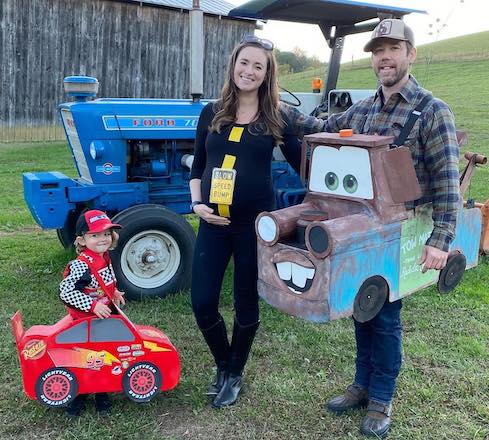 Pregnant Halloween Costume Lightning McQueen, Speed Bump, and Mater