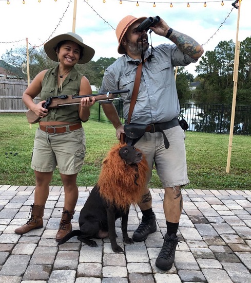 Couple and Dog Halloween Costumes Safari Guide and Lion