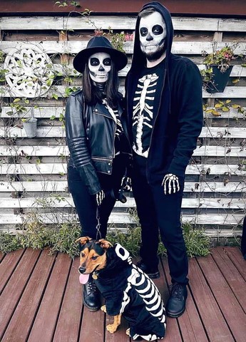 Couple and Dog Halloween Costumes Skeletons
