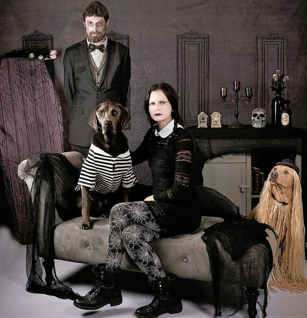 Couple and Dog Halloween Costumes Addams Family