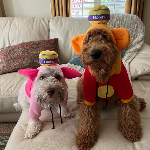 dog duo Halloween costumes + Piglet dog costume + Pooh Bear dog costume