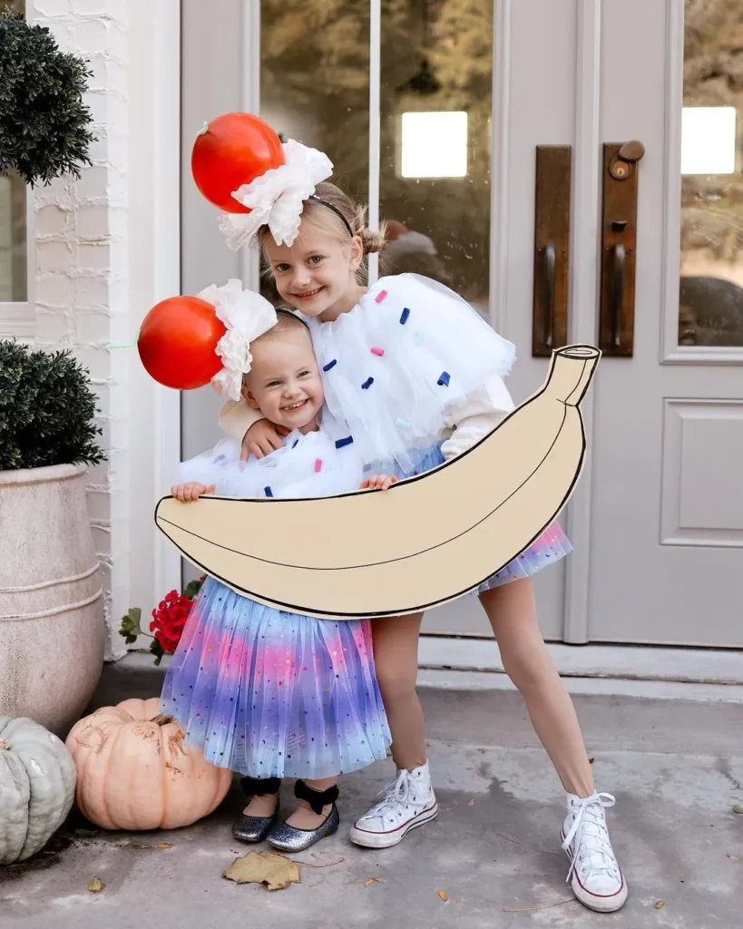DIY ice cream sundae costumes for two sisters