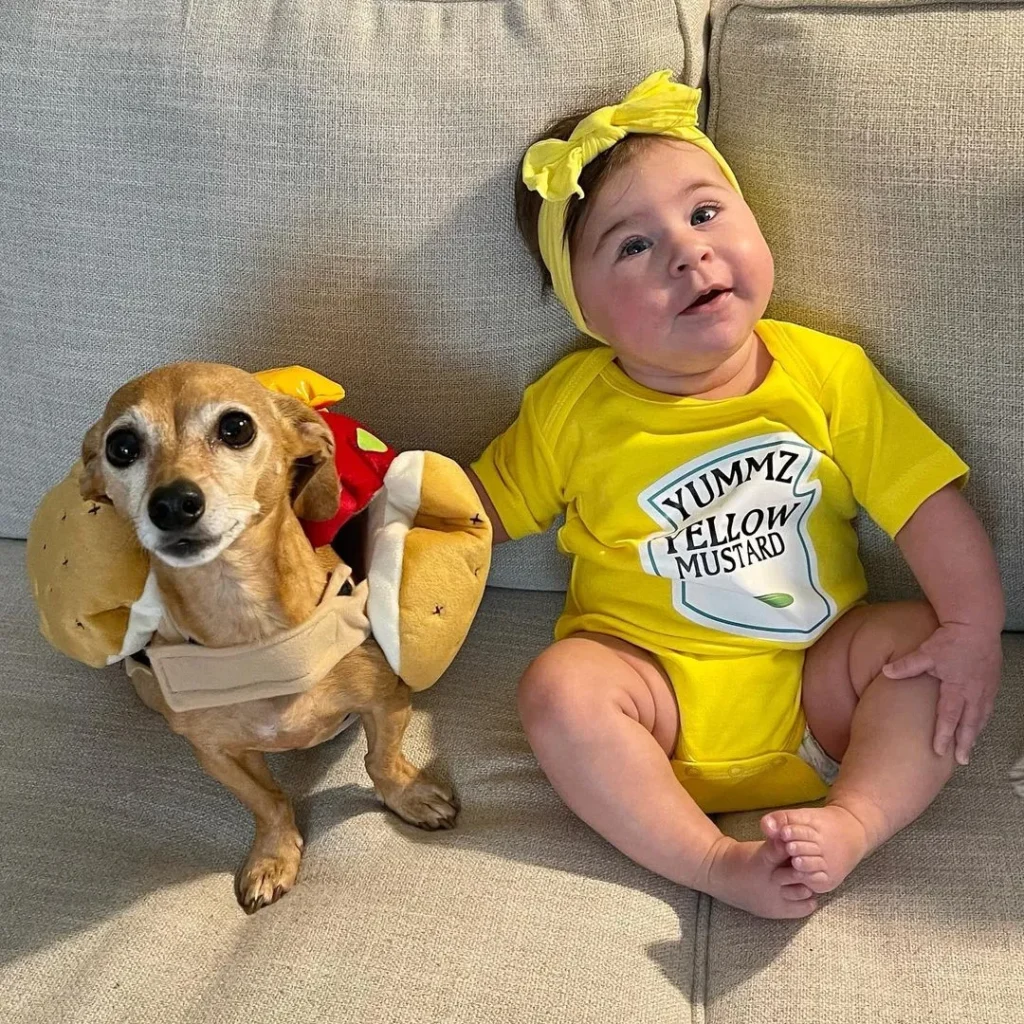 dog and baby Halloween costume idea with a Jack Russell dog