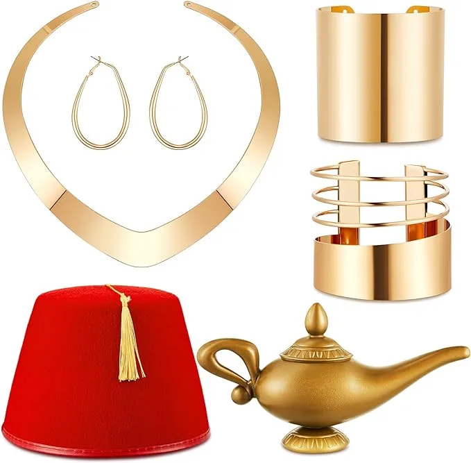red Jasmine costume accessories with gold necklace, gold hairpiece, gold arm bracelet, and genie lamp