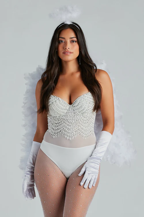 Angel bodysuit costume with fishnets