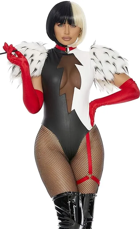 Cruella De Vil bodysuit costume with fishnet tights