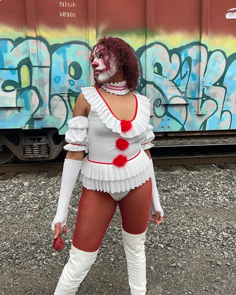 Pennywise costume with red fishnets